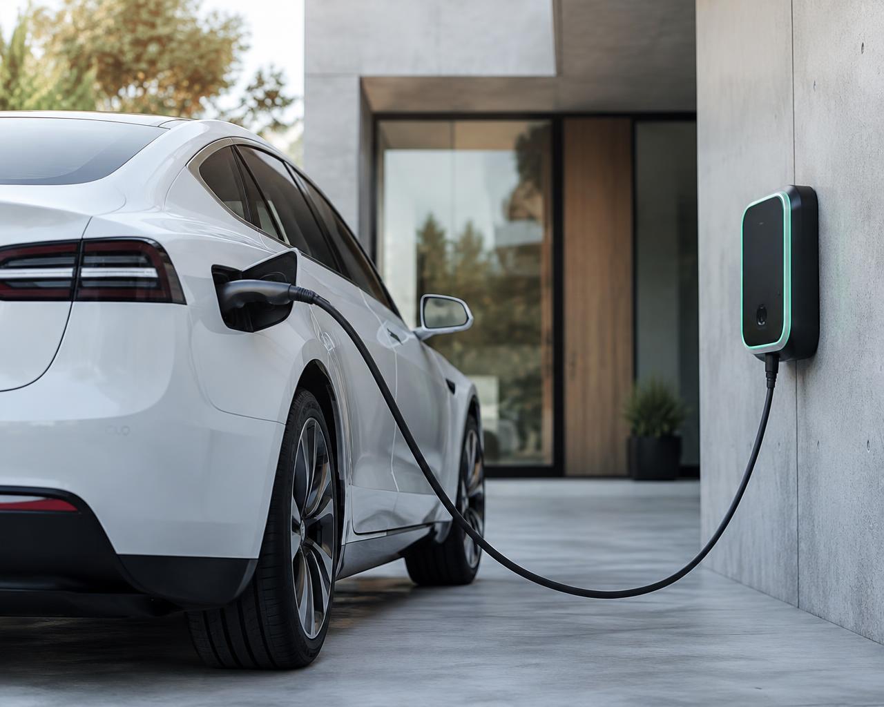 Carro elétrico conectado a uma estação de recarga moderna